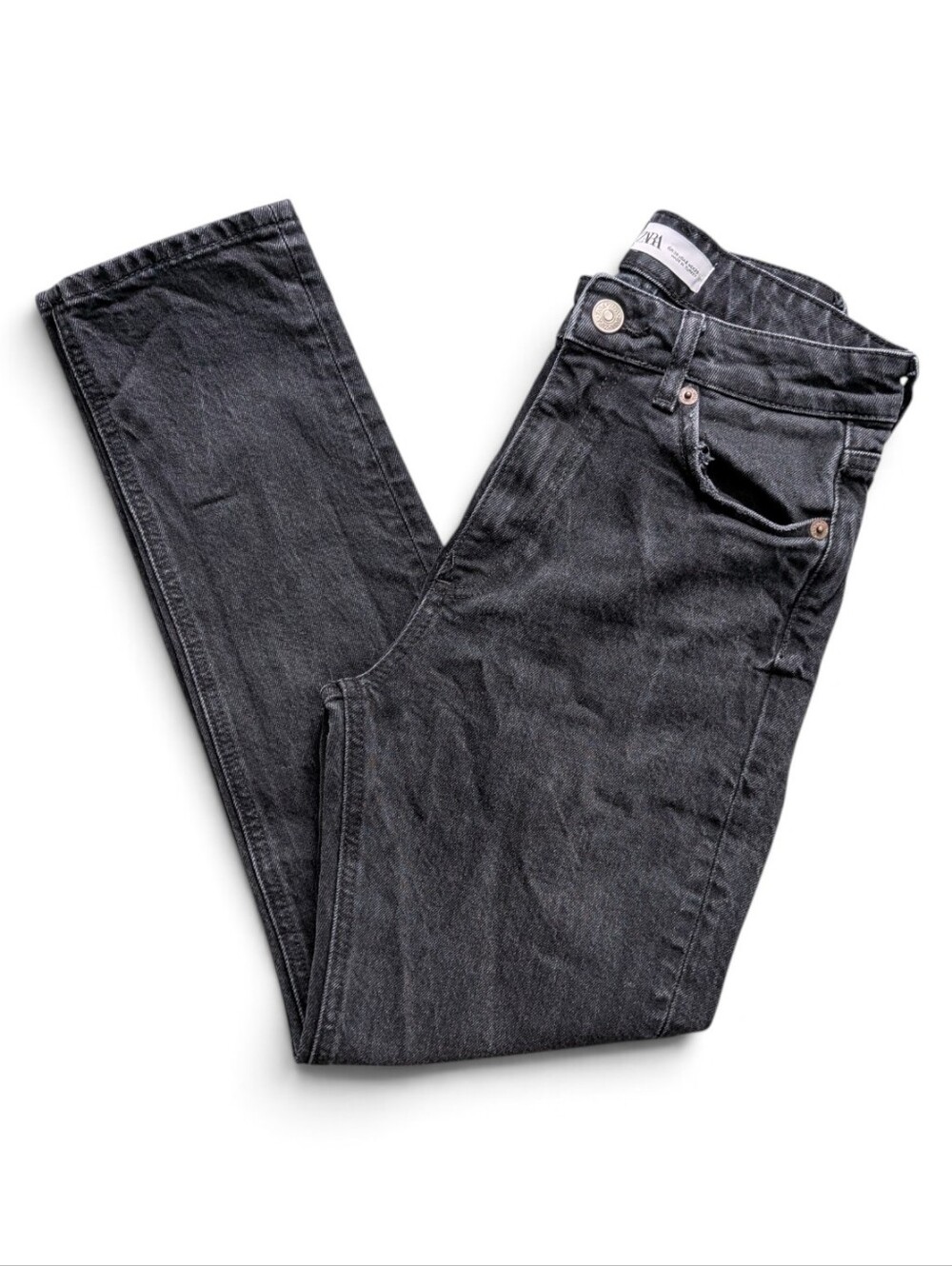 Zara Black Distressed High-Rise Straight Jeans